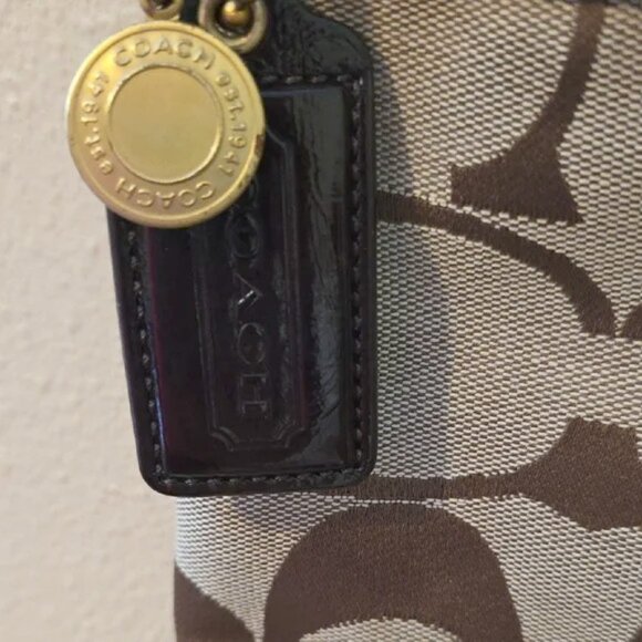 Coach Signature Stripe Tote Bag Khaki / Mahogany Brown 👜 Pre-Owned - Picture 8 of 8